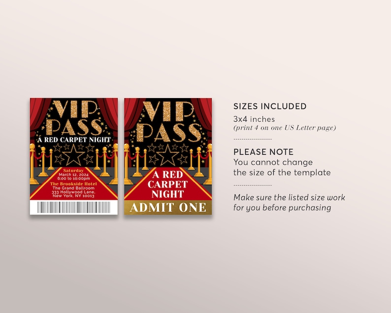 May include: Two printable VIP pass templates for a red carpet night event. The passes are 3x4 inches and feature a red carpet, gold stanchions, and a red curtain. The text on the passes reads "VIP Pass" and "A Red Carpet Night".