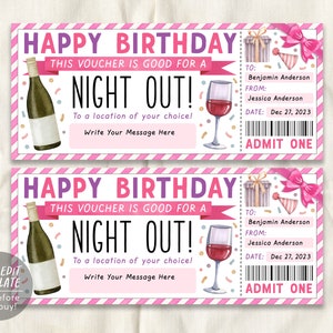 Birthday Night Out Geschenkgutschein Ticket bearbeitbare Vorlage, Überraschung Girls Night Dinner Party Datum Geschenkgutschein einladen, Last-Minute-Geschenk