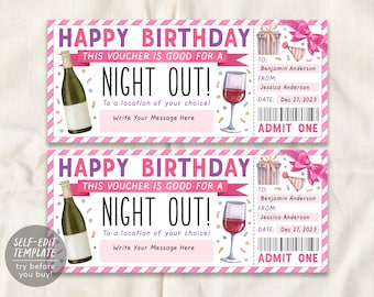 Birthday Night Out Gift Voucher Ticket Editable Template, Surprise Girls Night Dinner Party Date Gift Certificate Invite, Last Minute Gift