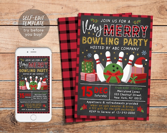 Holiday Bowling Party Invitation Editable Template, Christmas Xmas Company Staff Work Party Invite, Games Flannel Plaid Retro Buffalo Rustic