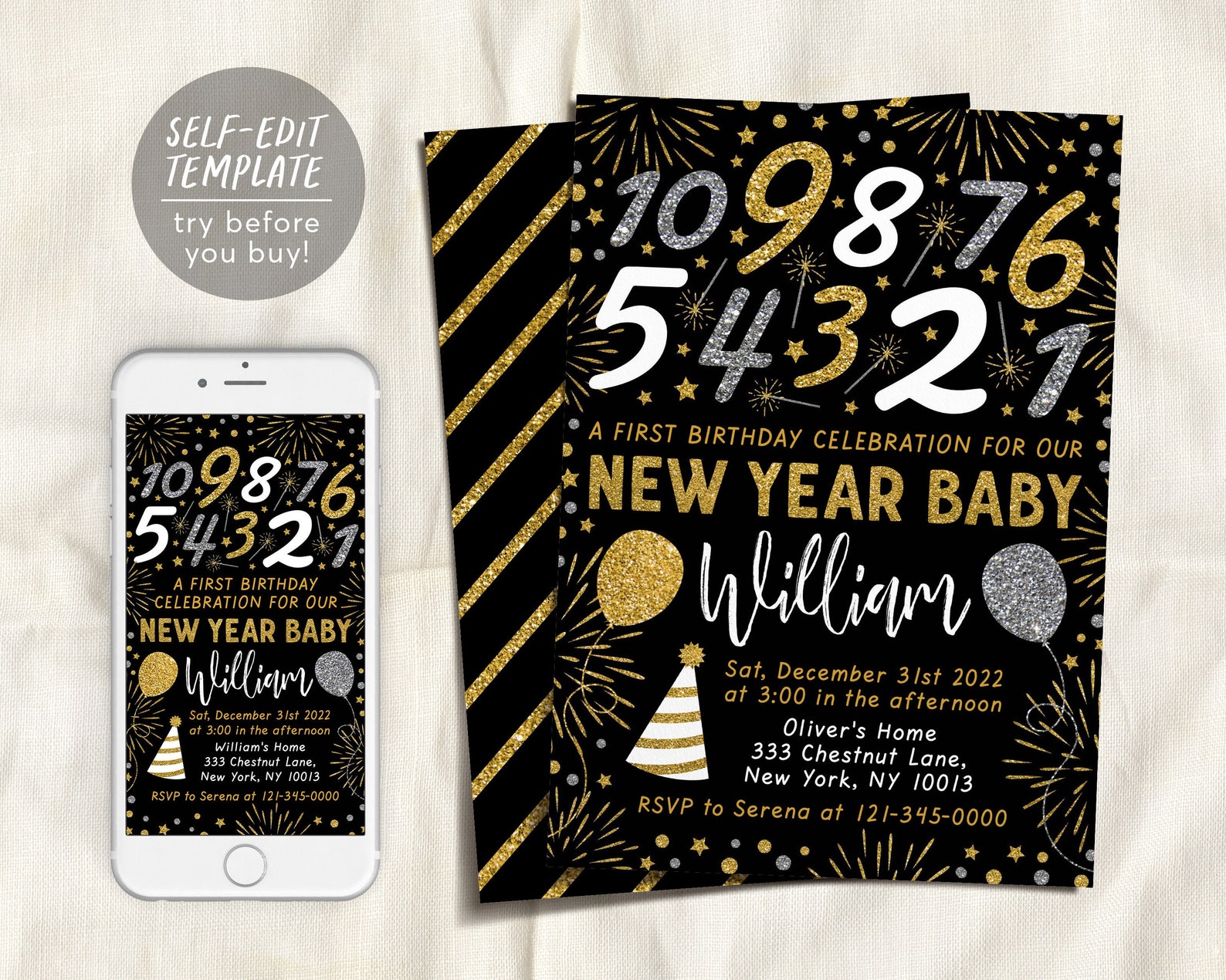 Countdown to One Birthday Invitation Editable Template, New Years Eve ...