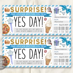 Ja dagkaart bewerkbare sjabloon, verrassing beste dag ooit cadeaubon voor kinderen, leuke dagkaart cadeaukaart leuke ervaring voucher coupon