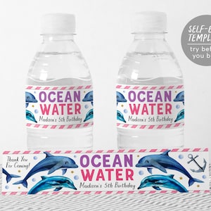 Etichette per bottiglie d'acqua a forma di delfino, modello modificabile, etichette per involucri per bevande per feste di compleanno sotto il mare e acqua dell'oceano per bambine, involucri per bottiglie d'acqua a forma di delfino