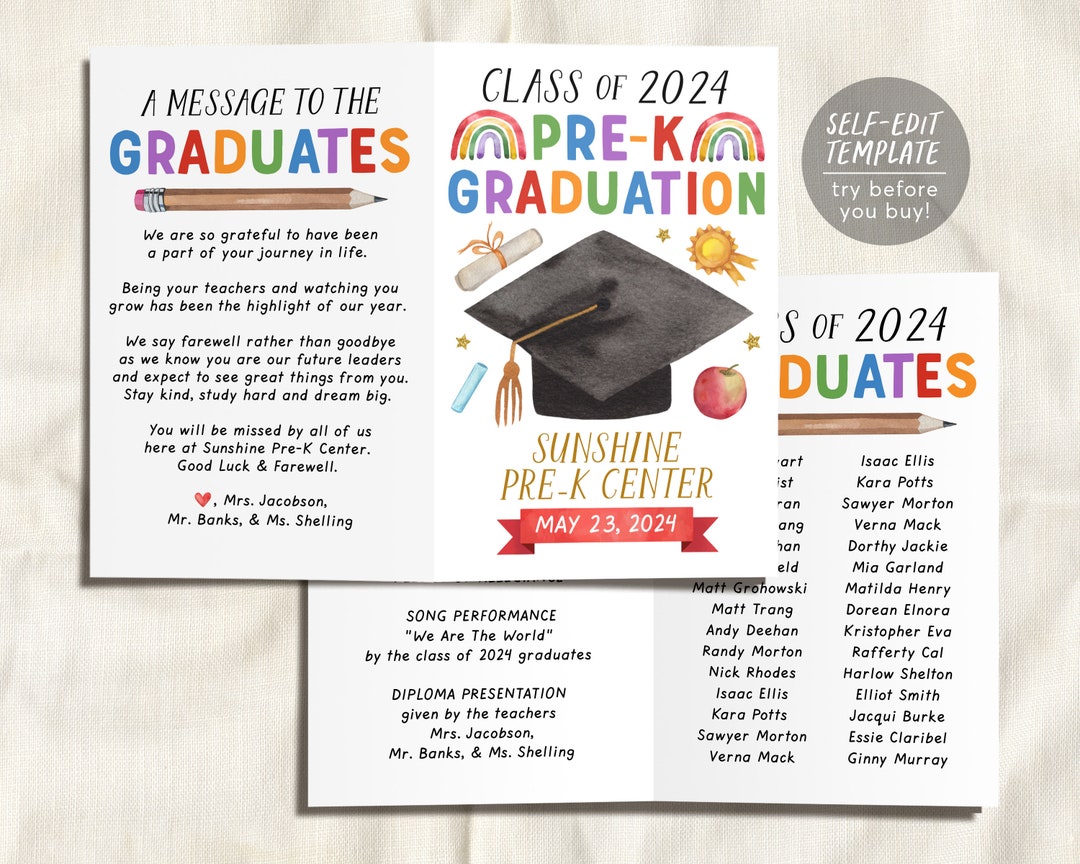Pre k graduation program editable template preschool ceremony program