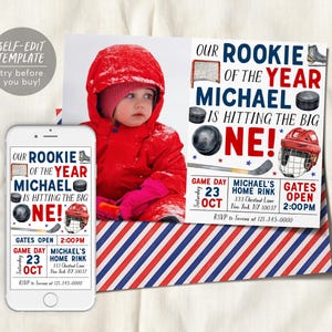 Ice Hockey First Birthday Invitation With Photo Editable Template, Rookie Of The Year Ice Skating Rink Invite, Boy Sports Game Time Evite