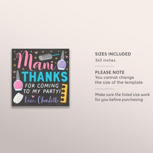 May include: A thank you card for a party with a chalkboard background and colorful nail polish bottles, nail files, and cotton balls. The text reads "Mani Thanks for coming to my party! Love, Charlotte". The card is 3x3 inches.