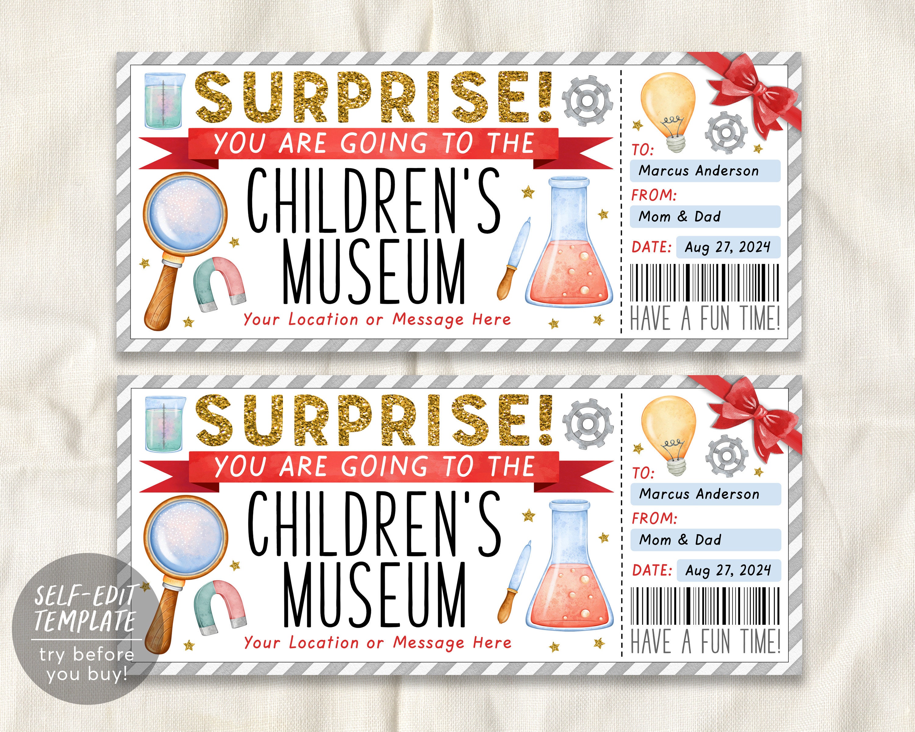 Children's Museum Ticket Editable Template, Surprise Museum Membership Gift Voucher For Kids Science Museum Day Trip Gift Certificate Coupon