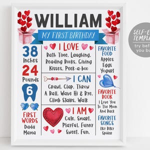 Valentine&#39;s Day Birthday Milestone Sign Editable Template, Our Little Heartbreaker First Birthday Stats Poster, Boy Valentine Sweet One