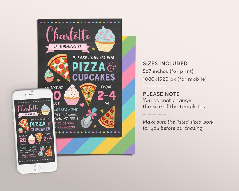 Pizza and Cupcakes Birthday Party Invitation Editable Etsy