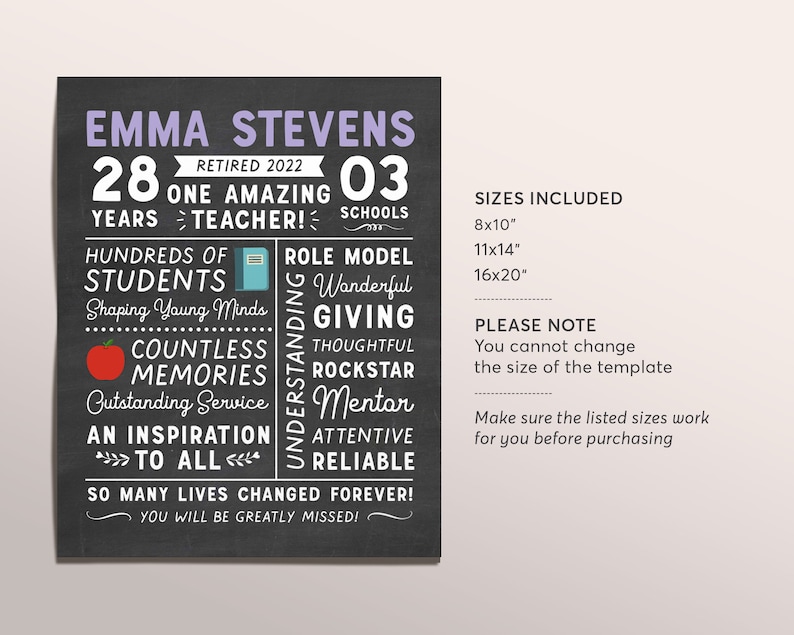 Editable Teacher Retirement Gift, Chalkboard Printable Teacher Poster Sign, Personalized Print for Retiring Teacher from Staff, Appreciation image 2