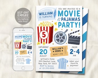 Modelo editável de convite para festa de aniversário com filme e pijama, convite para festa do pijama com pipoca e filme para meninos, ingresso para festa do pijama com filme