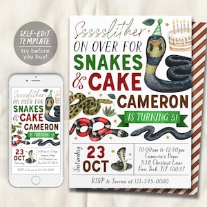 Può includere: Un invito di compleanno stampabile con uno schema di colori verde, rosso e oro. L'invito presenta un serpente con un cappello da festa e il testo "Ssssslither On Over For Snakes & Cake Cameron Is Turning 5!" L'invito include anche la data, l'ora e il luogo della festa.