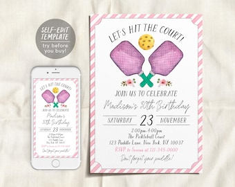 Pickleball Birthday Invitation Editable Template, Pink Lets Hit the Court Party Invite, Sport Pickleball Theme 30th 40th 50th Birthday Evite