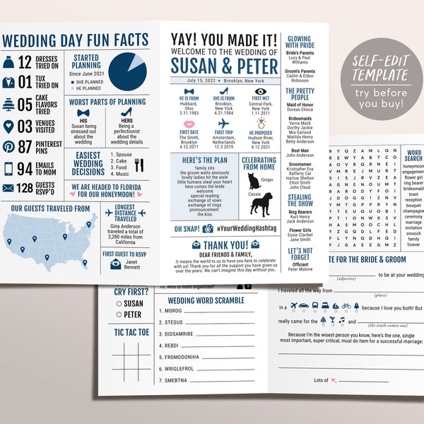 Navy Wedding Bifold Program Template, Funny Infographic Wedding Program, Unique Reception Program, Wedding Games, Wedding Advice Card