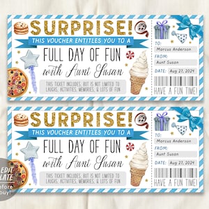 May include: A rectangular gift voucher with blue and white striped borders. The text reads SURPRISE! THIS VOUCHER ENTITLES YOU TO A FULL DAY OF FUN with Aunt Susan. It features illustrations of a cookie, pizza, ice cream, and a gift.