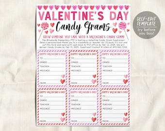 Op de afbeelding: Een Valentijnsdag Candy Gram inzamelingsflyer met roze en rode hartjesbanners, lolly-illustraties en zes invulbare kaarten met lijnen voor aan, klas, leraar, bericht en van, plus tekst over een Brookside Elementary PTO-evenement.