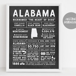 Alabama State Wall Art Sign Poster Infographic, Tableau noir Alabama Map, Birmingham Montgomery, États américains, Faits sur l’État, Cadeaux de la ville natale