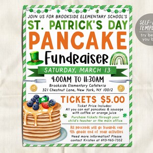 May include: A printable St. Patrick's Day pancake fundraiser flyer with a green, white, and orange color scheme. The flyer features a stack of pancakes with blueberries and syrup, a leprechaun hat, and a rainbow. The text on the flyer reads "St. Patrick's Day Pancake Fundraiser" and includes the date, time, location, and ticket price.