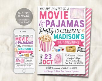 Modelo editável de convite de aniversário com filme e pijama, convite para festa do pijama para meninas, ingresso para cinema com pipoca, convite para festa do pijama infantil