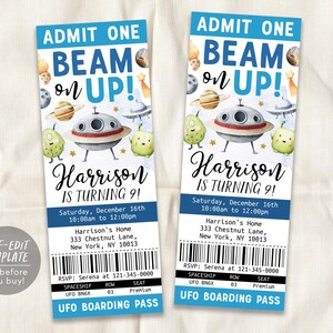 UFO Alien Birthday Ticket Invitation Editable Template, Beam On Up Aliens Outer Space Party Invite, UFO Boarding Pass Admit One Planet Evite