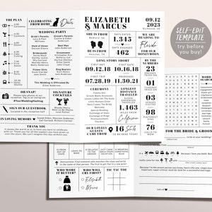 Plantilla editable del programa bifold de boda moderno, línea de tiempo del itinerario en blanco y negro, tarjeta de consejos de juegos de bingo de boda, eventos de orden de ceremonia