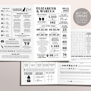 Modern Wedding Bifold Program Editable Template, Black and White Itinerary Timeline, Wedding Bingo Games Advice Card, Ceremony Order Events