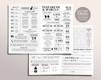 Modern Wedding Bifold Program Editable Template, Black and White Itinerary Timeline, Wedding Bingo Games Advice Card, Ceremony Order Events