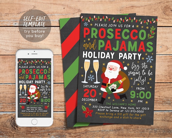 Pajamas And Prosecco Christmas Invitation Editable Template, PJs And Prosecco Holiday Cocktail Party Plaid Invite Evite, Instant Download