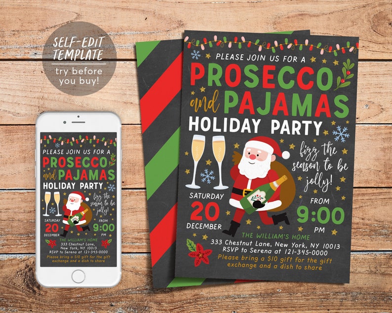 Op de afbeelding: Een printbare uitnodiging voor een kerstfeest met de tekst "Kom gezellig langs voor een Prosecco en pyjama kerstfeest" met een illustratie van de kerstman die een fles champagne vasthoudt. Het feest is op zaterdag 20 december om 21:00 uur. De uitnodiging bevat het adres en RSVP-informatie.