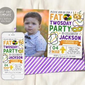 Fat Twosday Second Birthday Invitation With Photo Editable Template, Kids Mardi Gras Fat Tuesday Theme Party Invite, New Orleans King Cake