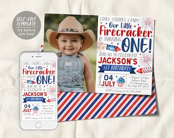 May include: A red, white, and blue printable invitation for a first birthday party. The invitation features a photo of a baby boy wearing a cowboy hat and overalls. The text on the invitation reads "Stars, Stripes & Fun! Our Little Firecracker is turning One! Join us to celebrate Jackson's 1st Birthday!" The invitation also includes a date, time, and location for the party.