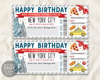 May include: A rectangular New York City themed birthday travel ticket featuring the Statue of Liberty, a skyscraper, a yellow taxi, pizza, and an apple. Text includes HAPPY BIRTHDAY, PACK YOUR BAGS! YOU'RE GOING TO, NEW YORK CITY, Aug 27, 2023 to Aug 30, 2023, and YOUR TRAVEL TICKET.