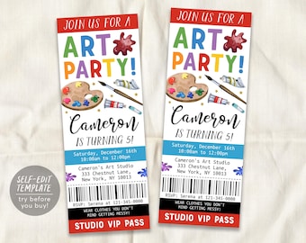 Art Party Birthday Ticket Invitation Editable Template, Kids Art Studio Painting Theme Invite, Unisex Lets Create Paint Splatter Evite