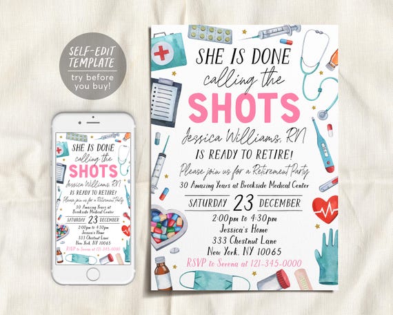 Nurse Retirement Invitation Editable Template, She Is Done Calling The Shots Retire Invite, Surprise RN Retirement Party Medical Evite