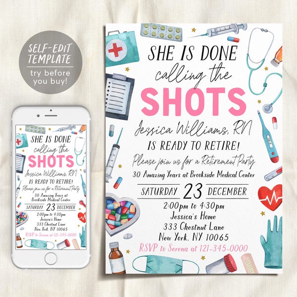 Nurse Retirement Invitation Editable Template, She Is Done Calling The Shots Retire Invite, Surprise RN Retirement Party Medical Evite