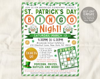 St Patrick's Day Bingo Night Fundraiser Flyer Editable Template, Saint Pattys Day Bingo Flyer Game Night Event Invite PTA PTO School Family