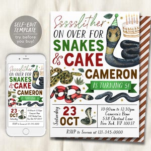 May include: A birthday invitation template featuring illustrations of various snakes, a birthday cake, and party hats. The text reads Ssssslither on over for snakes & cake, Cameron is turning 5, Saturday 23 Oct, and event details.
