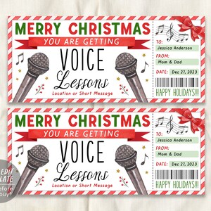Modèle modifiable de certificat-cadeau de Noël pour leçons de voix, leçons de chant surprise, bon d'expérience de cours de musique, coupon de révélation de vacances