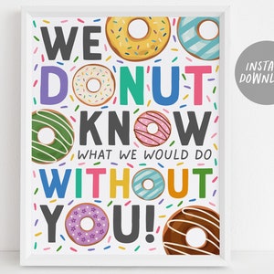 Donut Appreciation Sign Poster stampabile, Donut Know Cosa faremmo senza di te Grazie Decorazioni per feste, Staff Nurse Staff Teacher Volunteer