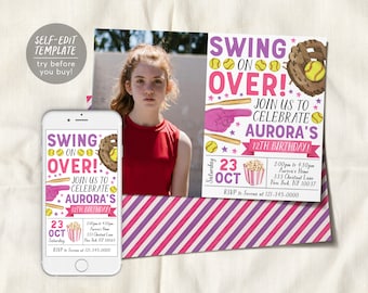 Invitación de cumpleaños de softbol con plantilla editable con foto, invitación de swing para niñas, día del juego temático deportivo para niños Slugger All Stars Evite