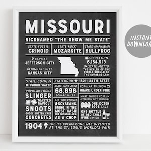 Missouri State Wall Art Sign Poster Infografik, Tafel Missouri Map, Kansas City, US Bundesstaaten, State Facts, Geschenke für Männer, Freund, Dad