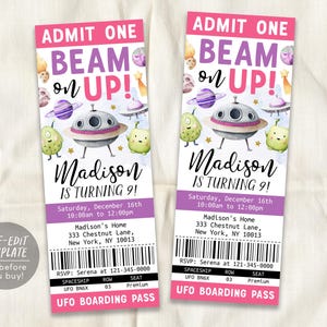 UFO Alien Birthday Ticket Invitation Editable Template, Girl Beam On Up Aliens Outer Space Party Invite Boarding Pass Admit One Planet Evite