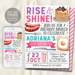 Rise and Shine Kids Breakfast Brunch Invitation Editable Template, Girl Brunch Birthday Invite, Pancakes Bacon Eggs Digital Evite Printable