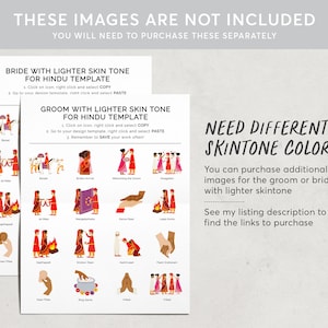 May include: Two printable sheets with illustrations of Hindu wedding ceremonies. The illustrations are in a cartoon style and feature a bride and groom with lighter skin tones. The text on the sheets reads "Bride with Lighter Skin Tone for Hindu Template" and "Groom with Lighter Skin Tone for Hindu Template". The text also includes instructions on how to copy and paste the images into a design template.