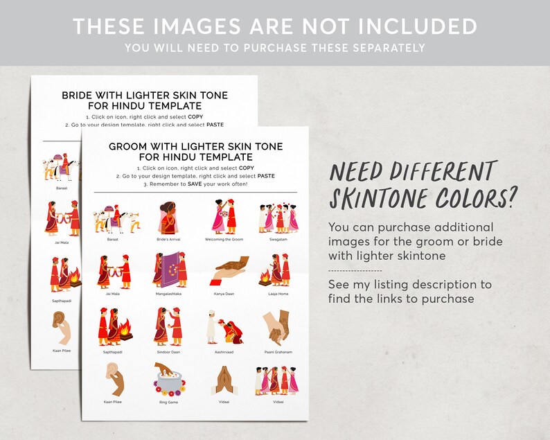 May include: Two printable sheets with illustrations of Hindu wedding ceremonies. The illustrations are in a cartoon style and feature a bride and groom with lighter skin tones. The text on the sheets reads "Bride with Lighter Skin Tone for Hindu Template" and "Groom with Lighter Skin Tone for Hindu Template". The text also includes instructions on how to copy and paste the images into a design template.