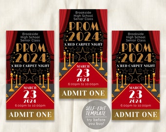 Red Carpet Prom School Dance Tickets Editable Template, Homecoming Hollywood VIP Access Pass Ticket Party Invite, High School Senior Dance