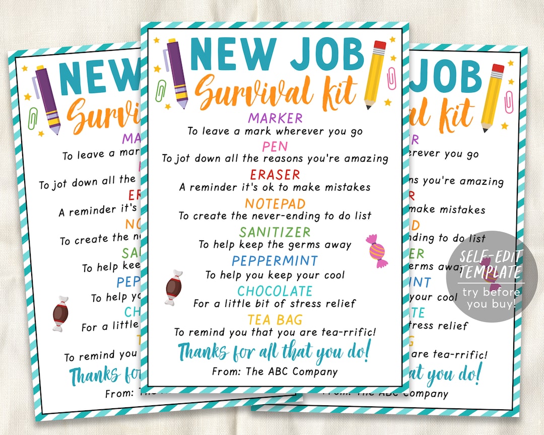 New Job Survival Kit Tag Editable Template, Career Congratulations Gift ...