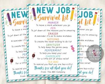 New Job Survival Kit Tag Editable Template, Career Congratulations Gift Idea, Welcome Staff Coworker Employee Gift Tags, Employee Treat