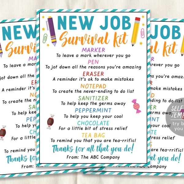 New Job Survival Kit Tag Editable Template, Career Congratulations Gift Idea, Welcome Staff Coworker Employee Gift Tags, Employee Treat