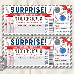Bowling Gift Certificate Editable Template, Surprise Bowling Party Celebration Invitation Voucher Ten Pin Bowling Alley Ticket, Any Occasion